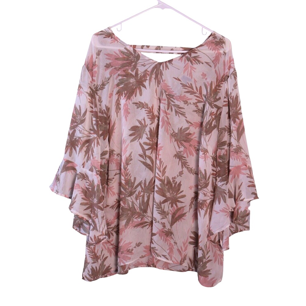 Catherines Women's Top 3X Sheer Boho Floral Pink Drape Ruffles Keyhole Neck